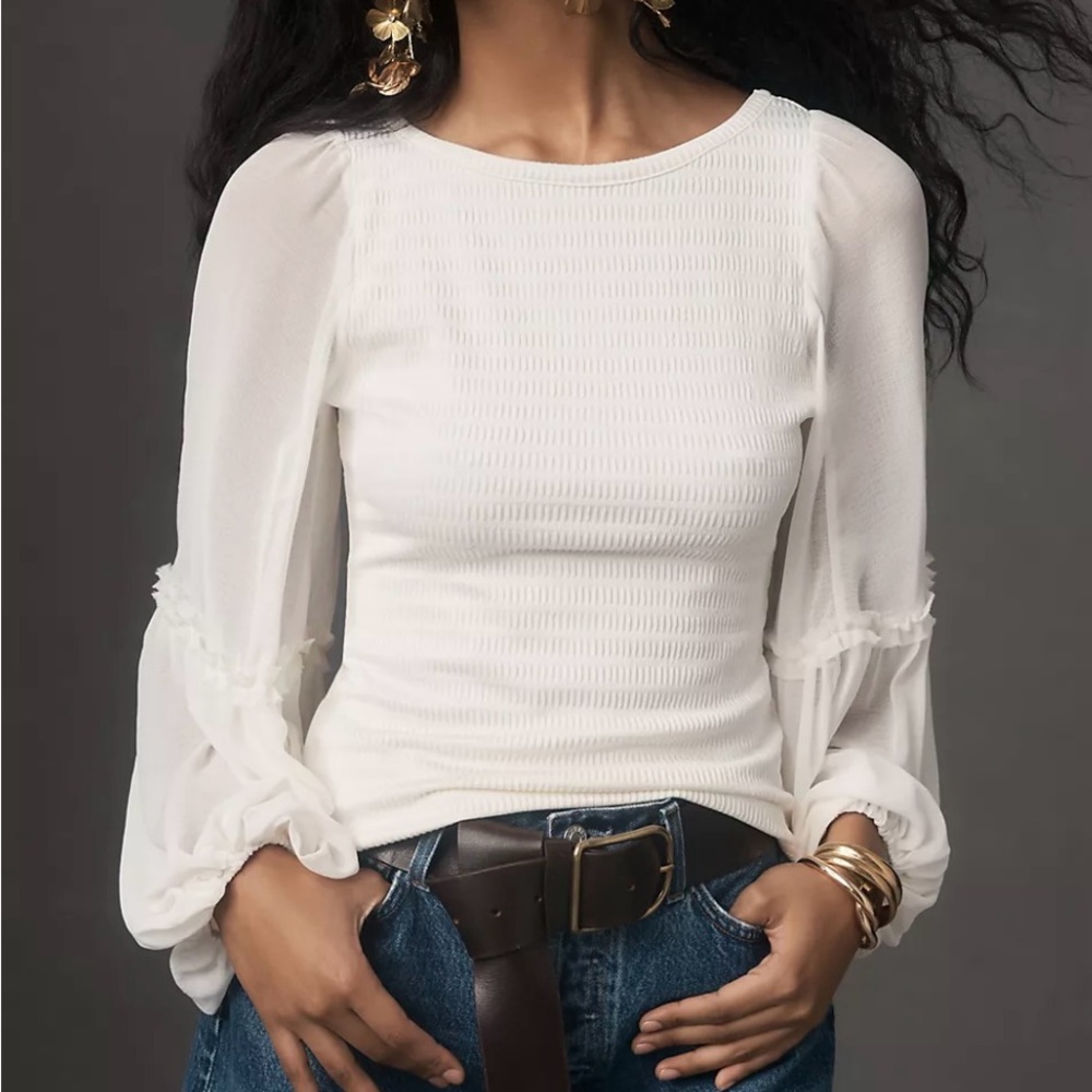 Anthropologie balloon sleeve ivory smocked top size XS petite
